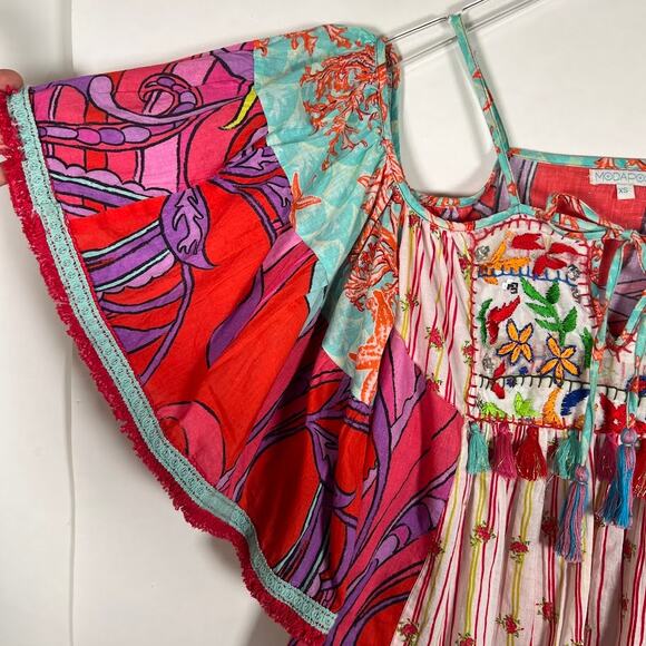 Modaposa Women's Vibrant Cold Shoulder Top XS Pink Blue Embroidered Boho Summer - Picture 5 of 8